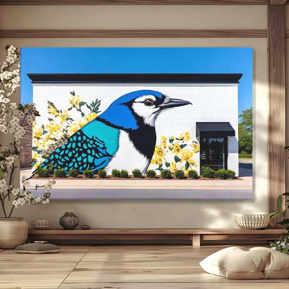 Tablou canvas cu tablou canvas cu o pasare murala si flori galbene, fara rama, pe sasiu de lemn